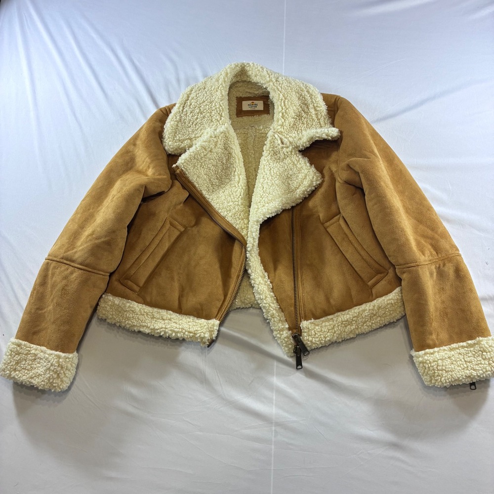 Marine‎ Layer Womens Faux Suede Sherpa Moto Jacket Tan Brown XL 18035 Aviator
